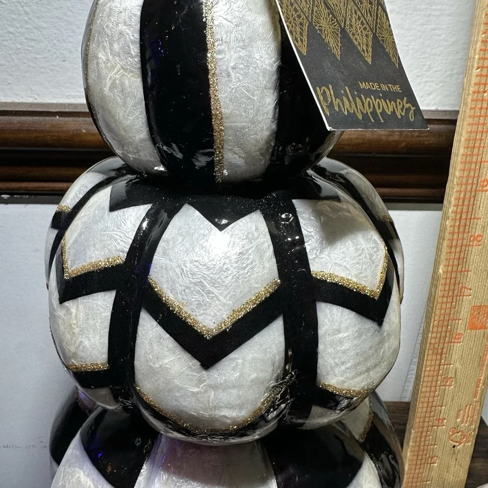 2 Black White Checkered Stacked Pumpkins Gold Stems Halloween Fall Topiary New